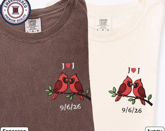 Cardinal Couple Embroidered T-Shirts with Custom Date and Initials, Matching Bird Comfort Colors Shirts, Anniversary Gift for Couples
