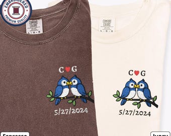 Lovebirds Couple Embroidered T-Shirts with Custom Date and Initials, Matching Comfort Colors Shirts, Anniversary Gift for Couples