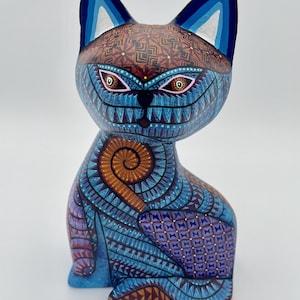 Blue Cat Alebrije – Hand-Painted Mexican Folk Art Figurine