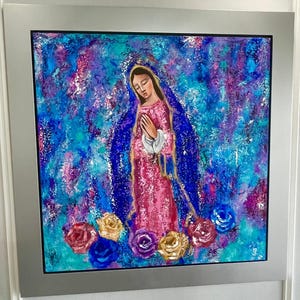 Framed Virgin Mary acrylic Painting – 48” x 48” – Hand-Painted Mexican Religious Art