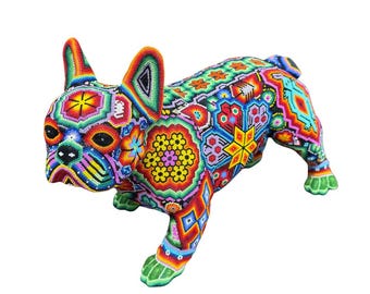 Huichol French Bulldog Sculpture – Full Size Beaded Mexican Folk Art | Handcrafted Chaquira Dog Statue