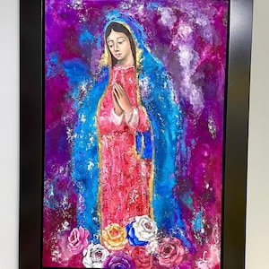 Framed Virgin Mary Painting – Handmade with Inks – Spiritual Mexican Art – 40” x 56”