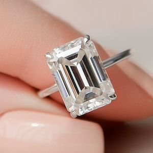 5.00 CT Emerald Cut Moissanite Diamond Ring, 14K White Gold Hidden Halo Engagement Ring, Emerald Cut Solitaire Wedding Rings for Women Gifts