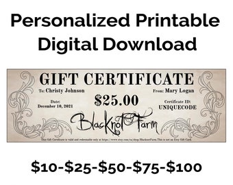Printable Gift Certificate for Blacknot Farm Etsy. Personalized Gift Cards, E-Gift Card, Last Minute Present, Christmas Gift, Made in Canada