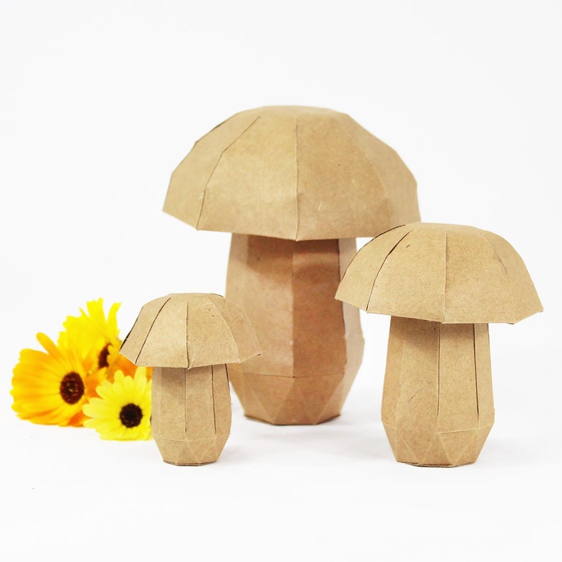 Printable Set of 3 DIY 3D Mushrooms. Instant Download and Print PDF, Jpg, Png. Paper Craft, Home Decor. SVG Cut File, Make Cottagecore Decor image 1