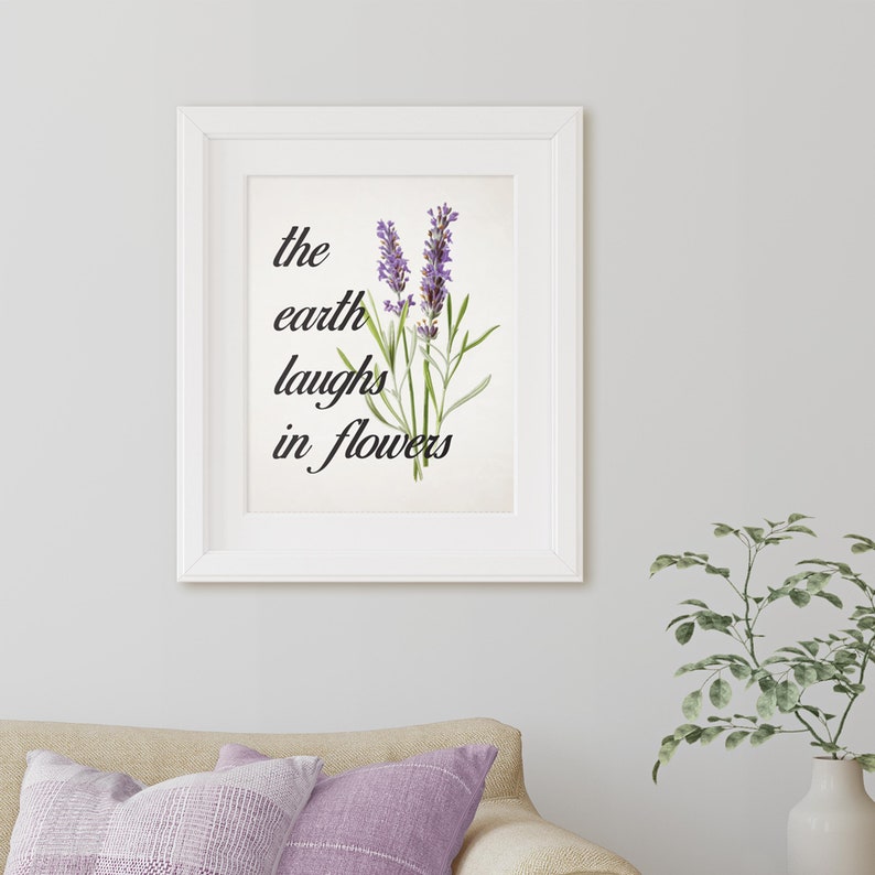 Printable Spring Sign. The Earth Laughs in Flowers With Vintage Lavender. Spring Home Wall Decor. Easy DIY Download JPG, Print and Frame. image 2