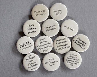 Set of 12 - Sarcastic Funny Words on Round 1" Pin Back Buttons or Magnets. Funny Sayings and Quotes Make Great Stocking Stuffers!