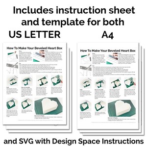 Pu&ograve; includere: Due fogli di istruzioni stampabili per realizzare una scatola a forma di cuore smussato. I fogli includono istruzioni per entrambi i formati di carta US Letter e A4. Le istruzioni includono diagrammi e testo. Il testo include "How To Make Your Beveled Heart Box".