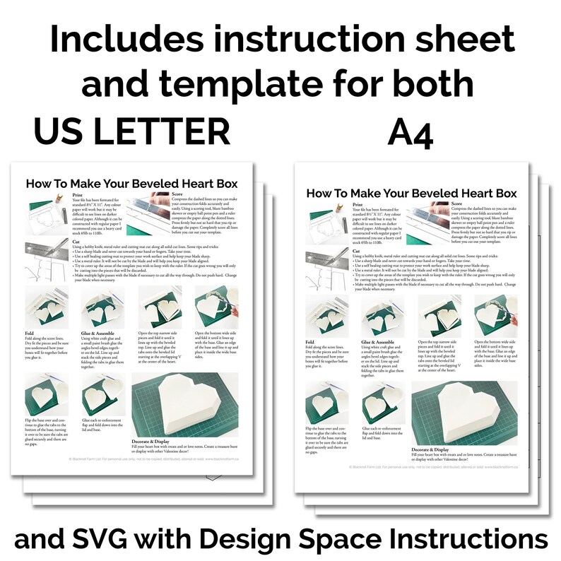 Pu&ograve; includere: Due fogli di istruzioni stampabili per realizzare una scatola a forma di cuore smussato. I fogli includono istruzioni per entrambi i formati di carta US Letter e A4. Le istruzioni includono diagrammi e testo. Il testo include "How To Make Your Beveled Heart Box".