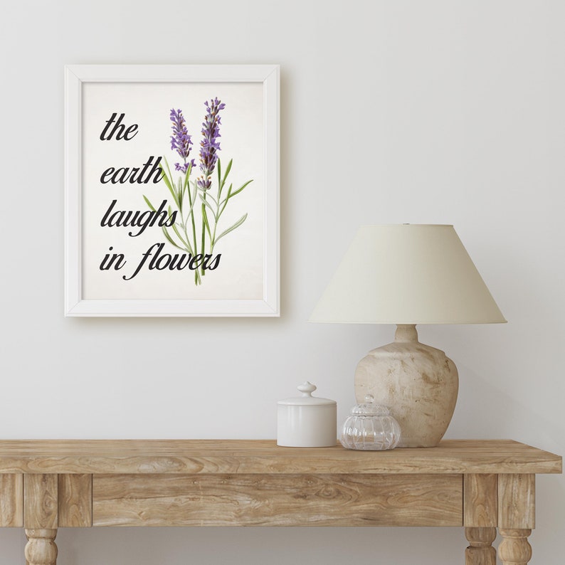 Printable Spring Sign. The Earth Laughs in Flowers With Vintage Lavender. Spring Home Wall Decor. Easy DIY Download JPG, Print and Frame. image 1