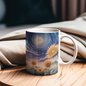 Starry Night and sunflowers Water Colour Prints 11oz Mug Artistic mugs bright and vivid mugs for home or travel gifting and homeware
