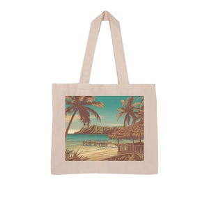Paradise Pier - Golden Hour dans le vieil Hawaï style carte postale vintage Island grand sac fourre-tout bio - design de sac fourre-tout vintage