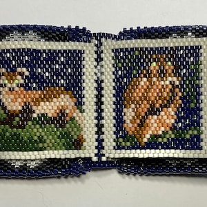 Könnte beinhalten: Ein perlenbesetztes, buchförmiges Objekt mit zwei quadratischen Tafeln. Jede Tafel zeigt ein detailliertes Bild eines braunen und weißen Tieres auf grünem Gras vor einem dunkelblauen Sternenhimmel. Die Ränder sind dunkelblau.