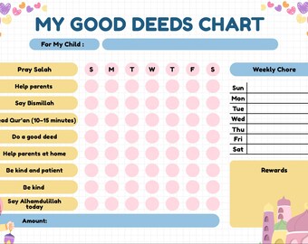 Good Deeds Chart for Kids | Islamic Reward Chart | Muslim Kids Printable | Daily Good Habits Tracker
