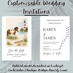 Peut inclure: Faire-part de mariage personnalisables. Une carte présente une illustration à l'aquarelle d'un cheval, d'un phare et d'éléments de plage. L'autre carte contient le texte : "Forever begins on Chincoteague" et les noms "Karen & James".