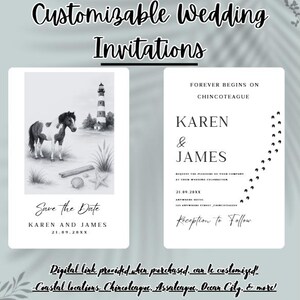 Peut inclure: Faire-part de mariage personnalisables. Une carte présente une illustration en noir et blanc d'un cheval, d'un phare et d'une scène de plage. L'autre carte porte les noms Karen & James, avec le texte : Forever begins on Chincoteague.