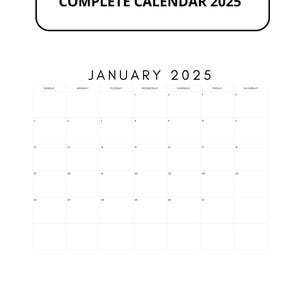 Op de afbeelding: Een minimalistische kalenderpagina voor januari 2025. Het ontwerp is strak met een witte achtergrond en zwarte tekst. De bovenkant van de pagina bevat de tekst "12 PAGE | Direct downloaden COMPLETE CALENDAR 2025".