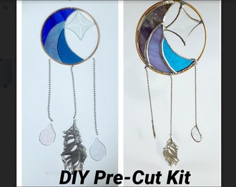 Pre-Cut Stained Glass Moon Mobile Kit, Stained Glass Kit, Stained Glass Moon, DIY Stained Glass Kit, Pre Cut Glass, Moon Suncatcher