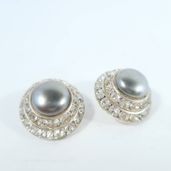 Vintage Earrings, Clip On Earrings, Pearl Grey Rhinestone Earrings, Vintage Earrings, Semi-formal, Formal, Non-pierced Ears Earrings