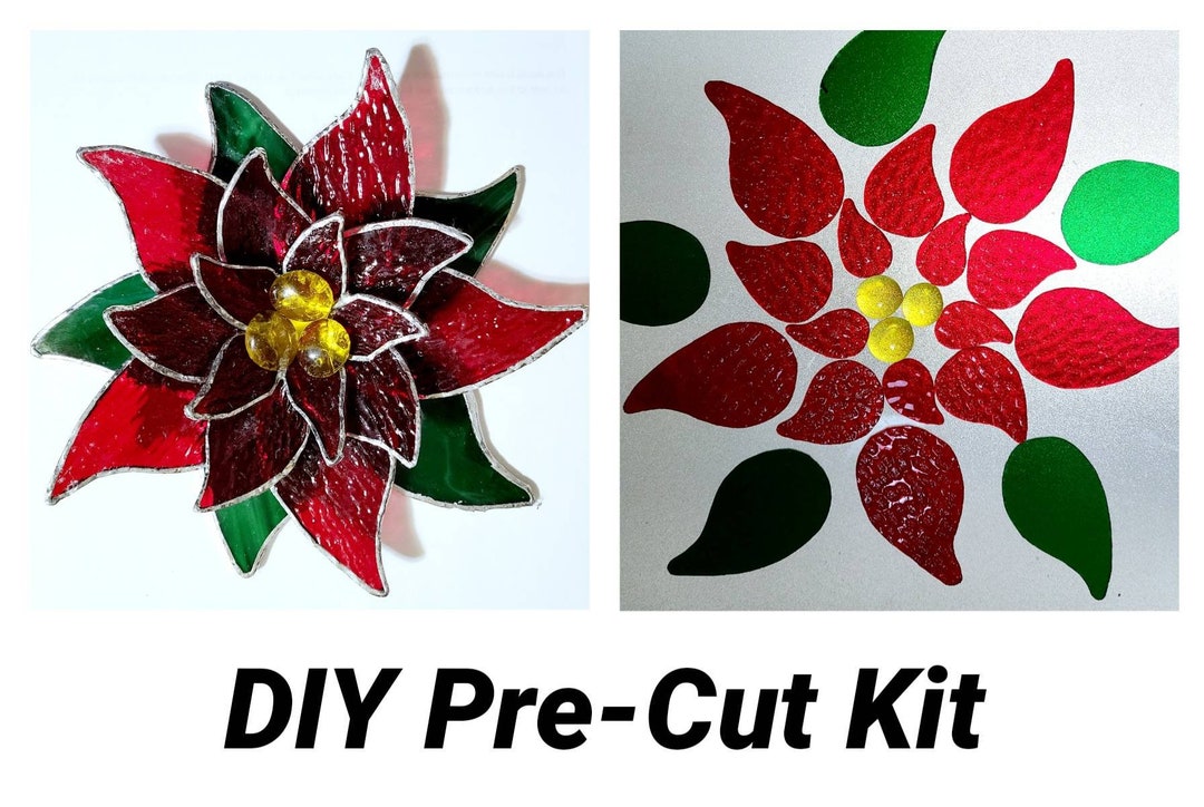 Precut Stained Glass Poinsettia Kit, Stained Glass Kit, Pre Cut Glass