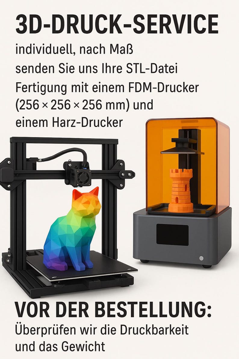 Puede incluir: Imagen de servicio de impresi&oacute;n 3D con texto. Se muestra un gato geom&eacute;trico colorido y un castillo naranja. El texto dice: "3D-PRINT-SERVICE, env&iacute;enos su archivo STL, fabricaci&oacute;n con una impresora FDM (256 x 256 x 256 mm) y una impresora de resina."