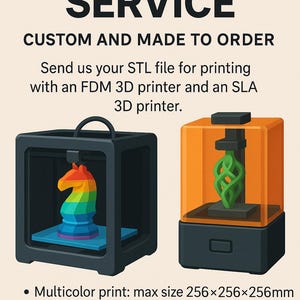 Puede incluir: Imagen promocional de servicios de impresi&oacute;n 3D. El texto dice "3D PRINTING SERVICE, CUSTOM AND MADE TO ORDER." Incluye ejemplos de objetos impresos en 3D: un caballo arco&iacute;ris y un dise&ntilde;o abstracto verde. Los tama&ntilde;os m&aacute;ximos de impresi&oacute;n se enumeran en mil&iacute;metros.