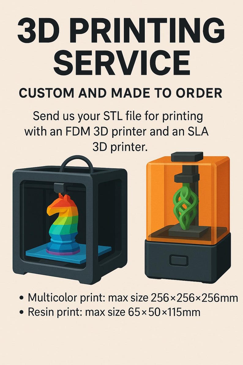 Puede incluir: Imagen promocional de servicios de impresi&oacute;n 3D. El texto dice "3D PRINTING SERVICE, CUSTOM AND MADE TO ORDER." Incluye ejemplos de objetos impresos en 3D: un caballo arco&iacute;ris y un dise&ntilde;o abstracto verde. Los tama&ntilde;os m&aacute;ximos de impresi&oacute;n se enumeran en mil&iacute;metros.