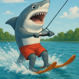 Waterskiing Shark Wall Art Printable – Funny Animal Digital Download, Summer Ocean Decor, Kids Room Shark Poster