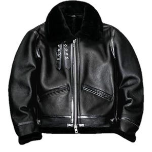 Men’s Black Leather B3 RAF Bomber Aviator Faux Fur Genuine Sheepskin Lightweight Leather Jacket
