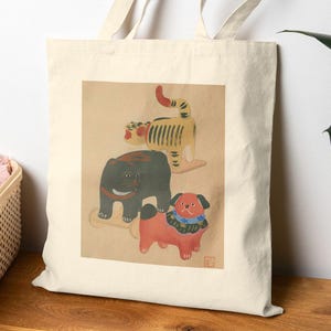 Japanese Folk Toy Tote Bag, Retro Animal Art Print, Traditional Dog, Tiger & Bear Design, Whimsical Animal Art Tote Bag, Eco-Friendly Bag