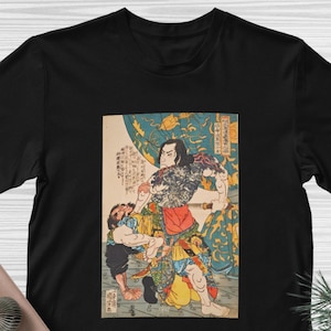 Ukiyo-e Tattooed Warrior T-Shirt, Utagawa Kuniyoshi Suikoden Print, Japanese Heroic Art Tee, Edo Period Samurai Style, Gift for Art Lovers