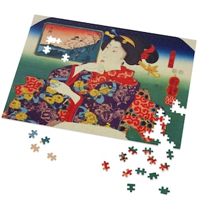 Puzzle Elegant Geisha Scene, Ukiyo-e woodblock style jigsaw puzzle for living room, unique wall decor gift, 500 & 1000 Piece
