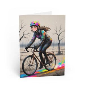 Grußkarten, Radfahrer Winter Landschaft, Skizze Design, optimistische, fröhliche Farben, innen leer
