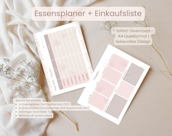Op de afbeelding: Een printbare maaltijdplanner en boodschappenlijstset in A4-landschapsformaat. Het ontwerp heeft een roze en wit bloemenpatroon. De tekst op de pagina luidt "Essensplaner + Einkaufsliste", "Sofort-Download", "A4 Querformat" en "liebevolles Design".