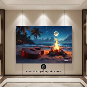 Acoustic Guitar and a Bonfire Wall Art, Musical Wall Print Decor, Home Canvas Art, Studio Ghibli Style, Gift for Music Lovers, Home Decor