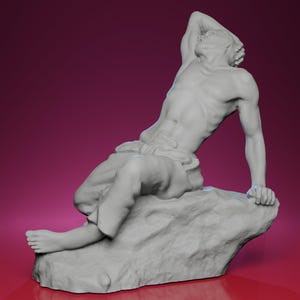 May include: A grey sculpture of a reclining figure, resting on a textured rock. The figure is posed with one arm raised above the head and the other arm resting on the rock. The background is a solid maroon colour.
