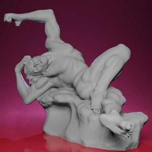 May include: A gray sculpture of a reclining male figure, with one arm raised and the other supporting his head. The figure is lying on a textured base, with a dramatic pose against a dark red background.