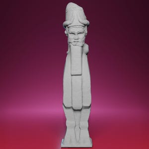 May include: A gray, stylized statue of a bearded figure wearing a tall, ornate hat. The statue has a long, draped garment and stands on a rectangular base. The background is a gradient of pink and red.