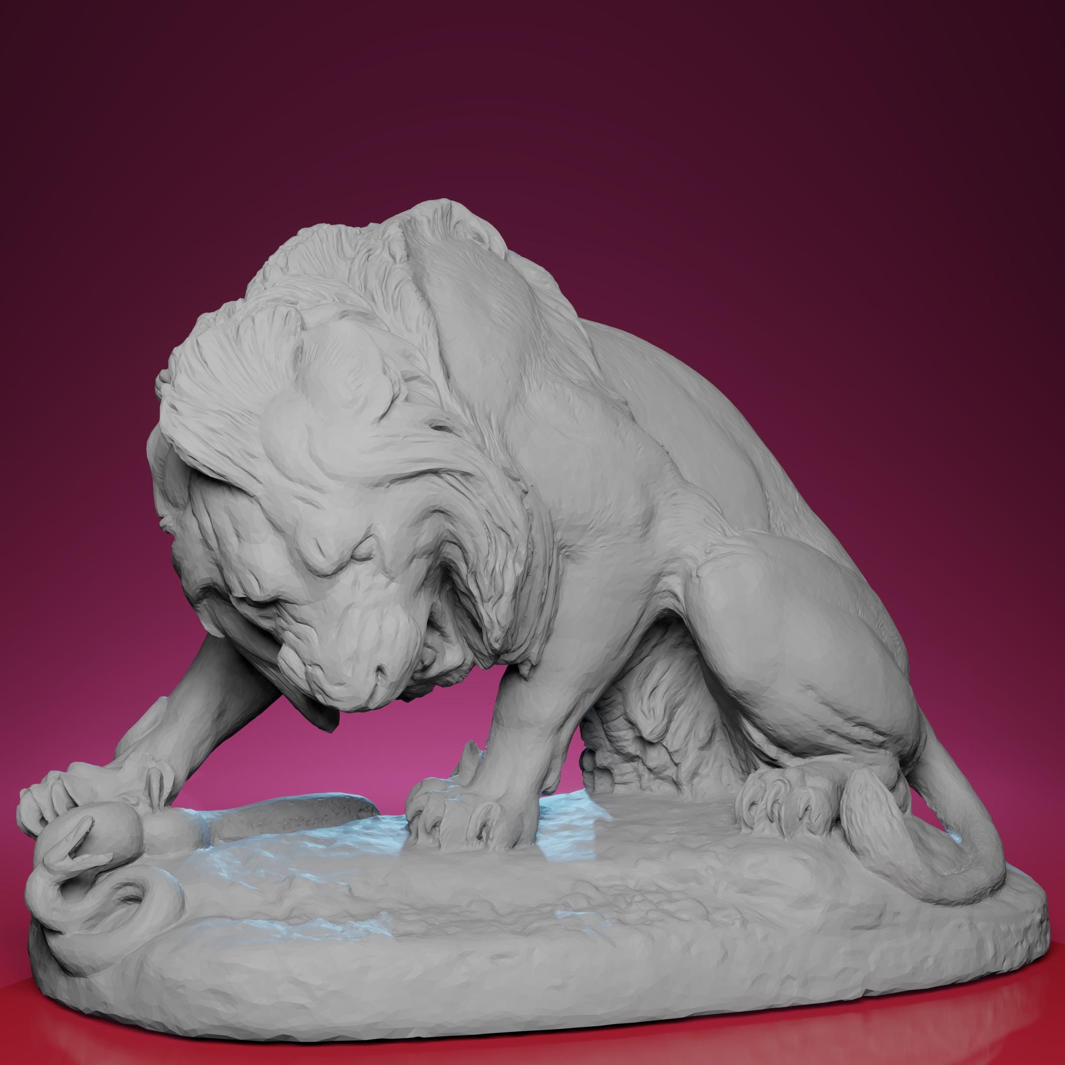 3Dプリントされたライオンと蛇の像 - パリのルーブル美術館に