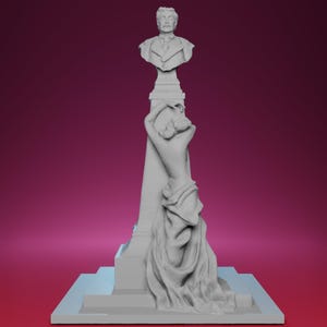 May include: A gray sculpture featuring a bust of a man in a suit atop a column, with a draped female figure. The sculpture is set on a tiered base, with a dark pink background.