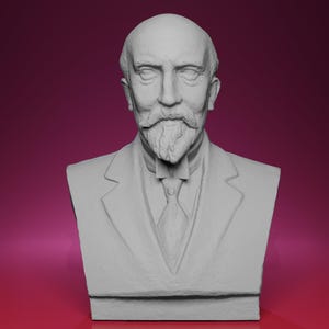 May include: A gray bust of a distinguished man with a bald head, a full beard, and a suit with a tie. The sculpture is set against a dark pink background, showcasing the details of the face and attire.