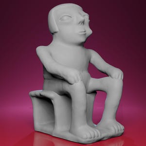 May include: A gray sculpture of a seated figure with two faces. The figure is seated on a block-like structure, with legs bent and feet flat on the base. The sculpture has a smooth, matte finish and is set against a dark pink background.