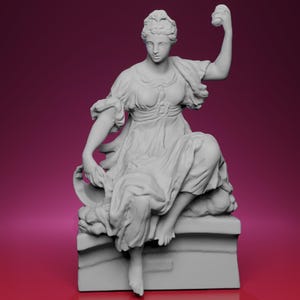 May include: A gray sculpture of a seated woman in flowing robes, holding an object aloft. The statue is on a rectangular base, with a dark pink background.