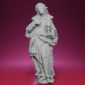May include: A gray statue of a person in flowing robes, holding a chalice. The figure has curly hair and a serene expression, with one hand placed over the chest. The statue is set against a gradient background.