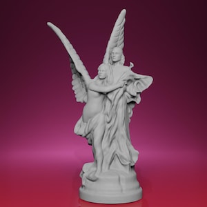 May include: A grey sculpture depicting two figures in an embrace, one with large, outstretched wings. The figures are draped in flowing fabric, set against a pink gradient background. The sculpture is a representation of an angel.