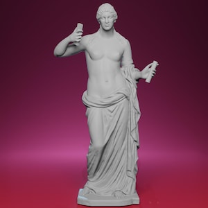 May include: A gray statue of a classical female figure, draped in fabric, holding two scroll-like objects. The statue has a serene expression and is set against a gradient background.