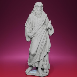 May include: A detailed, full-body statue of a man with a long beard and flowing robes. The figure holds an object in one hand and stands with a lamb at his feet. The statue is a light gray color against a dark pink background.