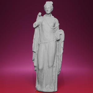 May include: A gray statue of a classical female figure, draped in flowing robes, with one arm missing. The statue has detailed facial features and is set against a gradient background of pink and burgundy.