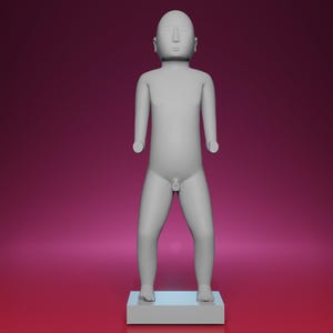 May include: A gray, stylized sculpture of a human figure with a minimalist design. The figure stands on a small, rectangular base against a gradient pink background. The sculpture has a smooth, matte finish.