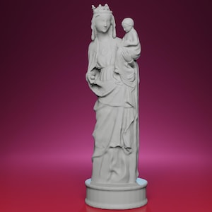 May include: A gray statue of a woman wearing a crown, holding a child. The woman is draped in flowing robes, and the child is also draped in cloth. The statue is on a round base, with a pink background.